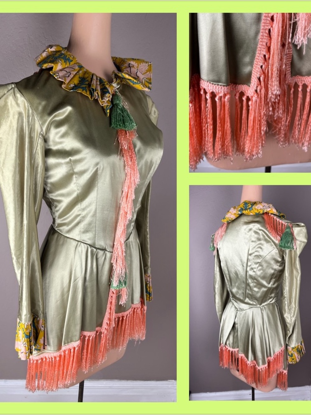 Gilded Age Opera Costume Fringed Satin Jacket - Ornate Tailored Jacket - Small